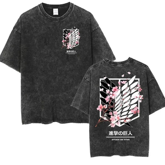 Anime Attack Titan Retro Wash Printed T-shirt Mikasa Ackerman Eren Jaeger Free Wings Pattern Men's Summer T-shirt