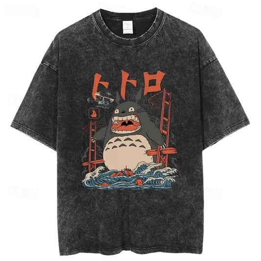 2026 Totoro Animation Peripheral Retro Wash To Do Old Pure Cotton Pattern Breathable Print Men's and Women's Casual Round Colla